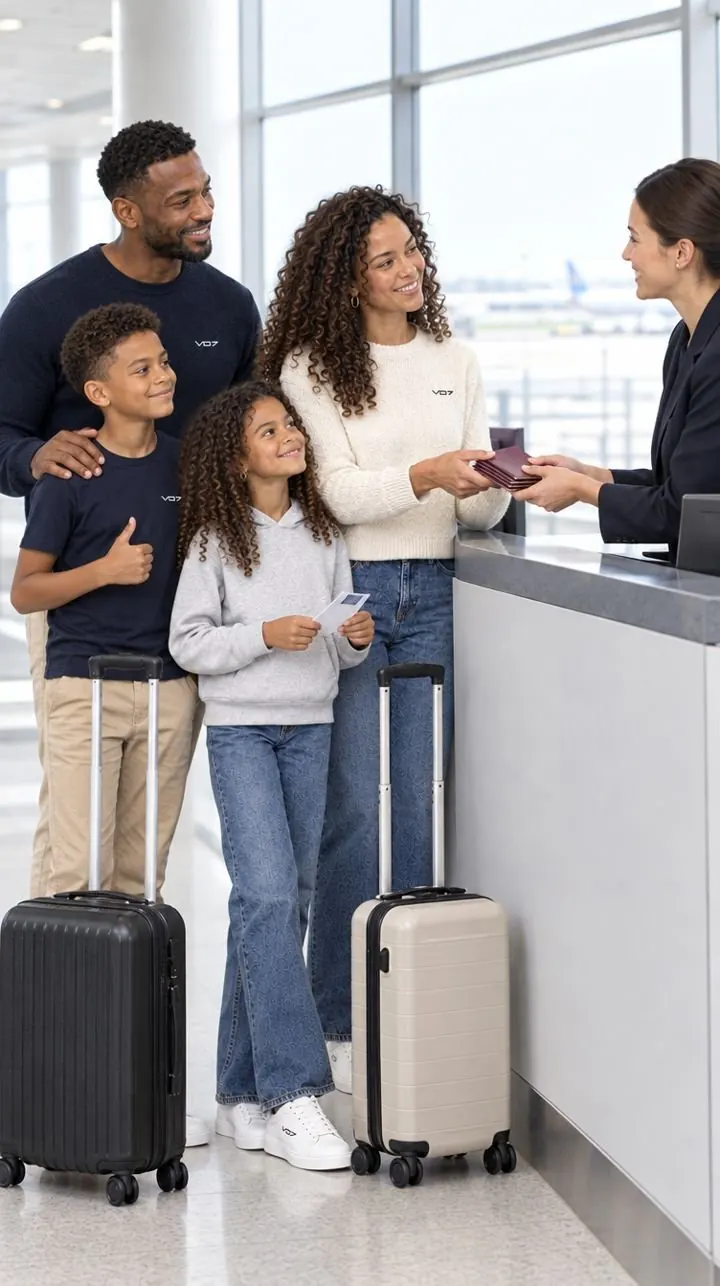 Famille au comptoir d’embarquement, passeports en règle